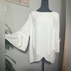 I.N. Studio Petite, Boho Tie Bell Sleeve Crinkle Gauze Top, Size XL